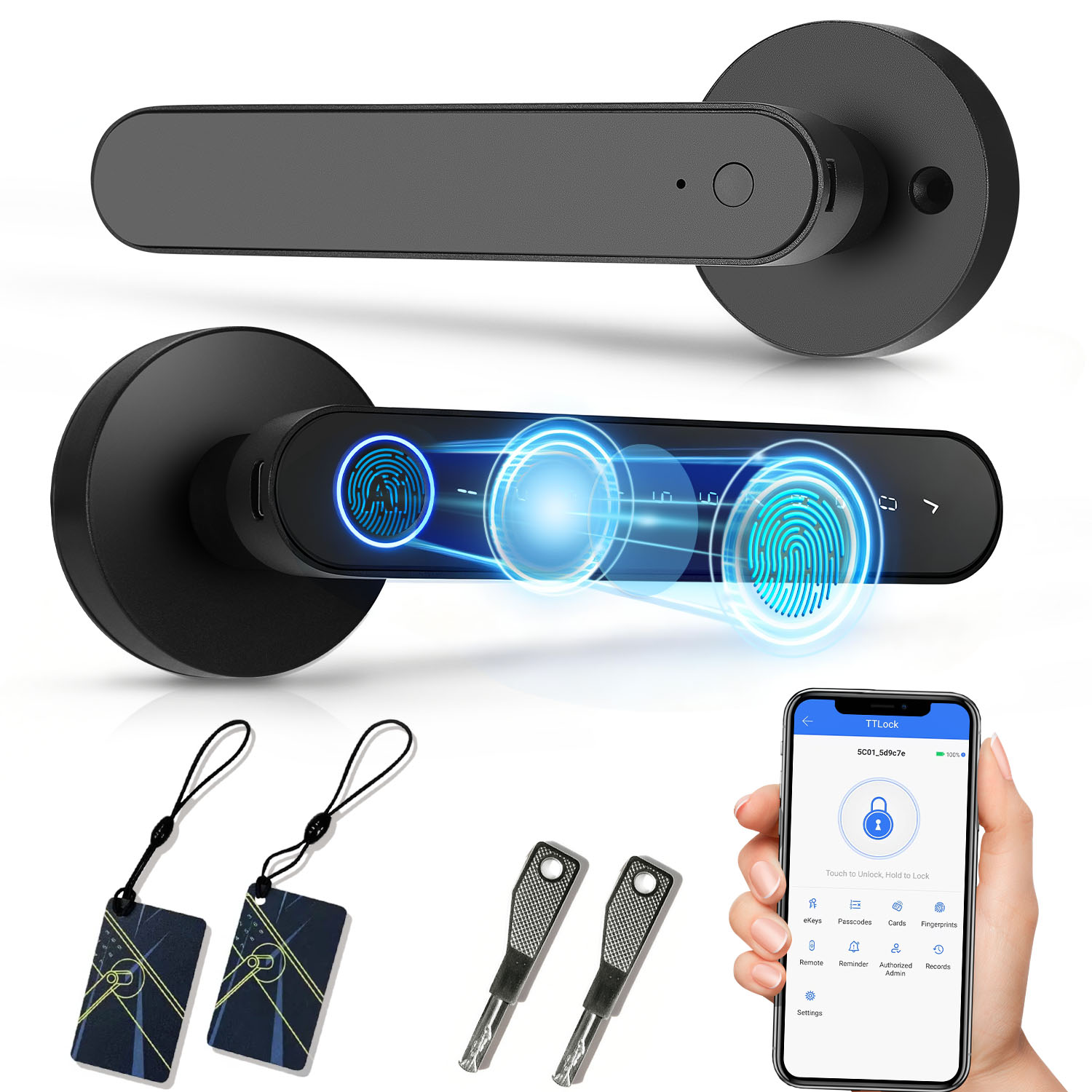 Smart Home Keyestudio - TTlockアプリ 指紋認証スマートロック RFIDカード 電子ドアロック メカニカルキーによる解錠 家庭用木製ドア用
