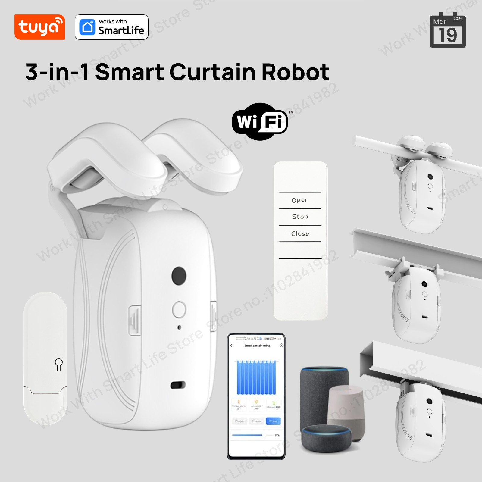 Smart Home Living - 1/2個入り Tuya スマートWiFiカーテンロボット (1個はハブ付き) ローマンロッドトラック用 -