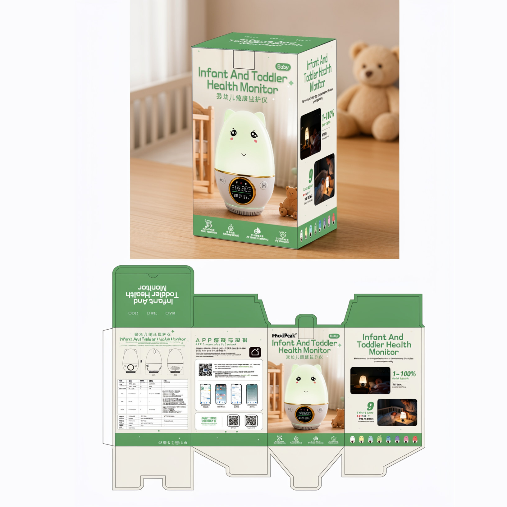 Smart Baby Night Light - スマートベビーモニター、3種類の空気質測定（CO₂、AQI、PM2.5）、授乳トラッカー＆リマインダー、癒しの光＆子守唄
