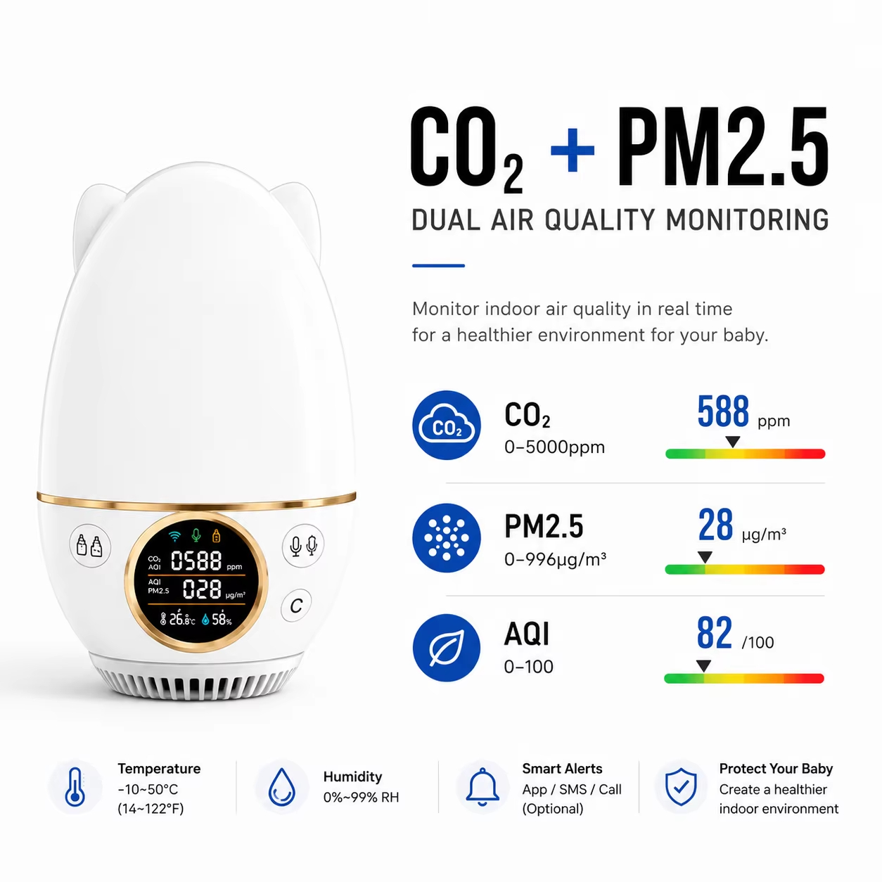 スマートベビーモニター、3種類の空気質測定（CO₂、AQI、 - Smart Baby Night Light のレビューと価格
